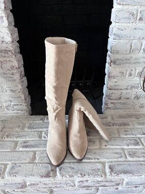 PUTU Women's Tall Beige Knee Boots - Classic Suede Look—Sz9